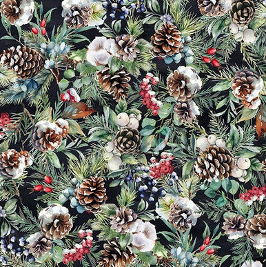 WINTER TALES Pinecones and Berries antique black - one yards