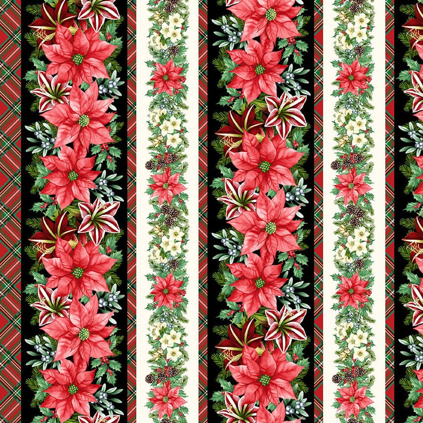 BLOOMS OF THE HOLIDAY Border Stripe black multi - one yards