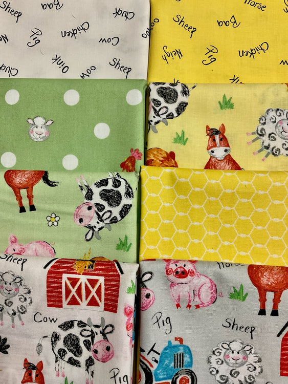 COLORING ON THE FARM Yellow Green 8 fat quarters