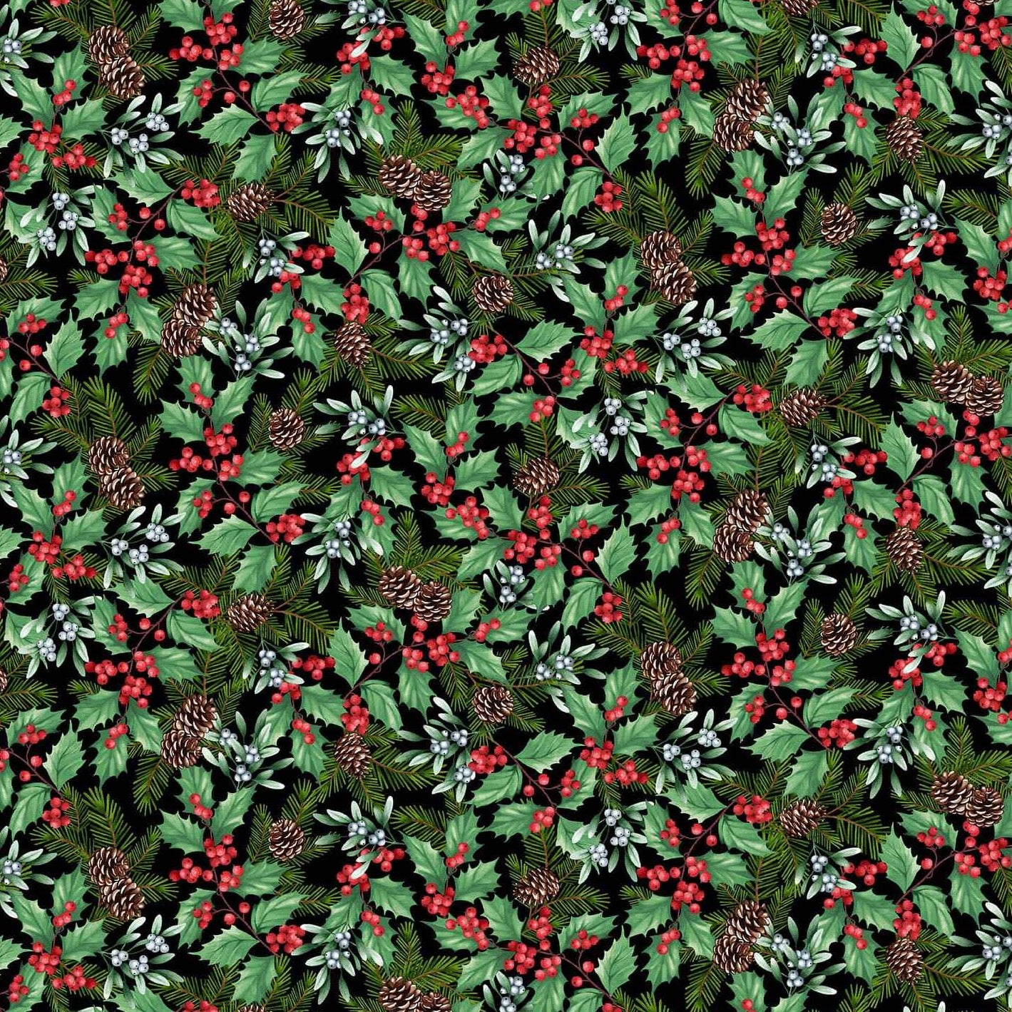 BLOOMS OF THE HOLIDAY Holly Berries & Mistletoe black multi