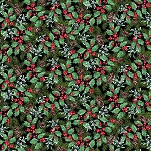BLOOMS OF THE HOLIDAY Holly Berries & Mistletoe black multi