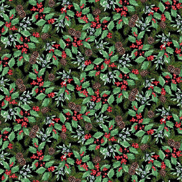 BLOOMS OF THE HOLIDAY Holly Berries & Mistletoe black multi