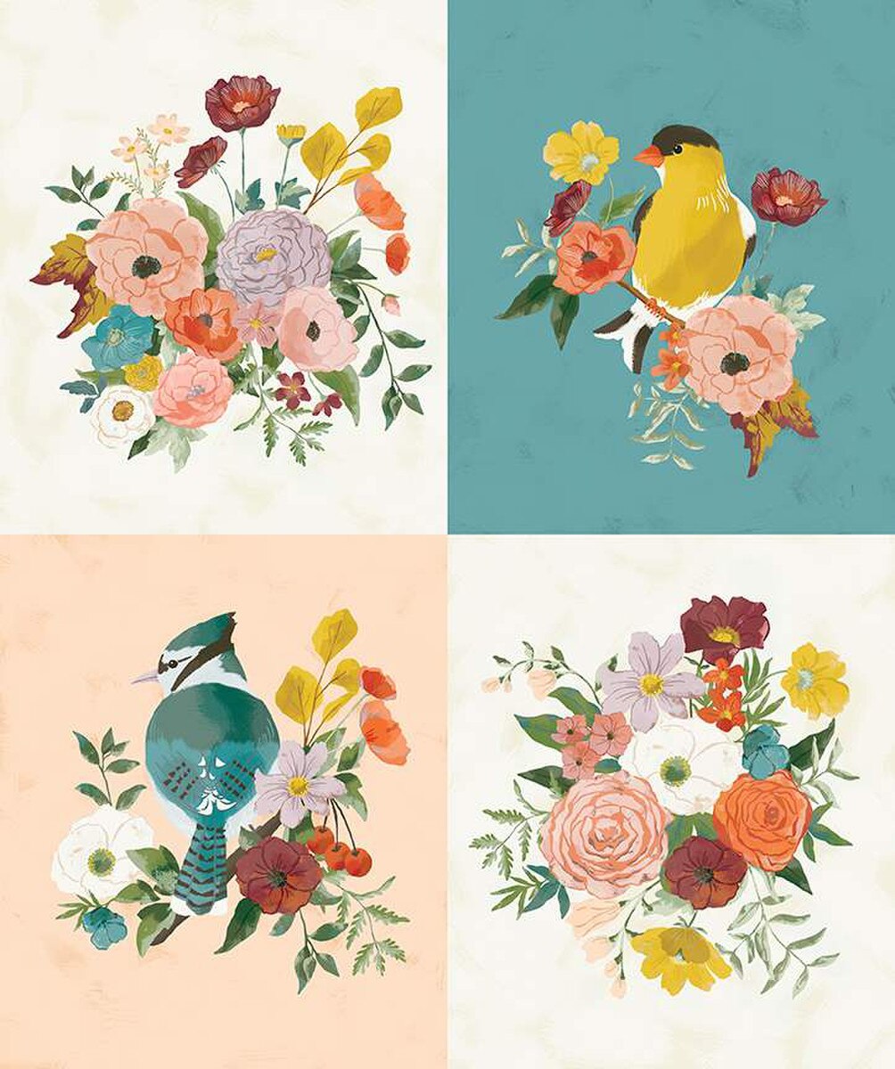 WINGED MEDLEY Birds and Bouquets Panel 36"x43"
