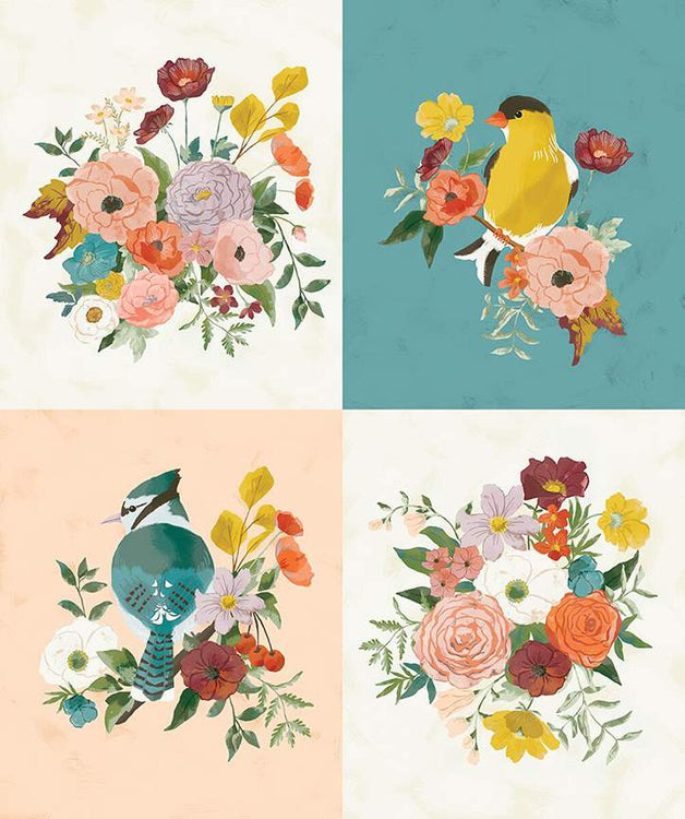WINGED MEDLEY Birds and Bouquets Panel 36"x43"