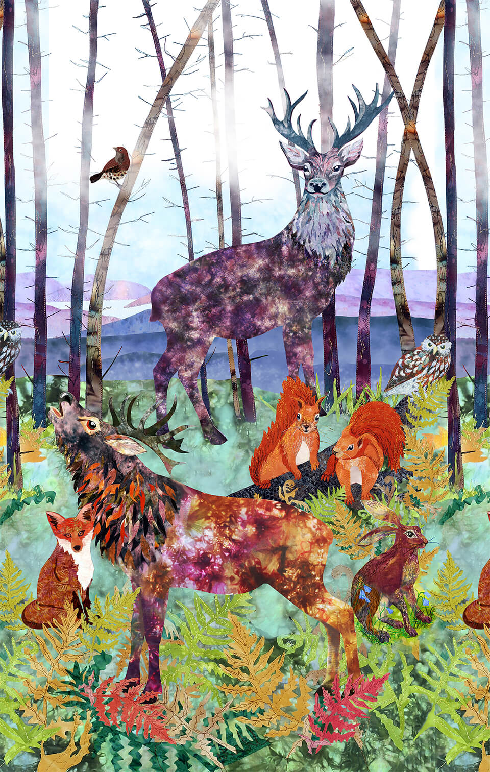 DOWN IN THE WOODS Woodland Animal Panel forest green 24"x44"