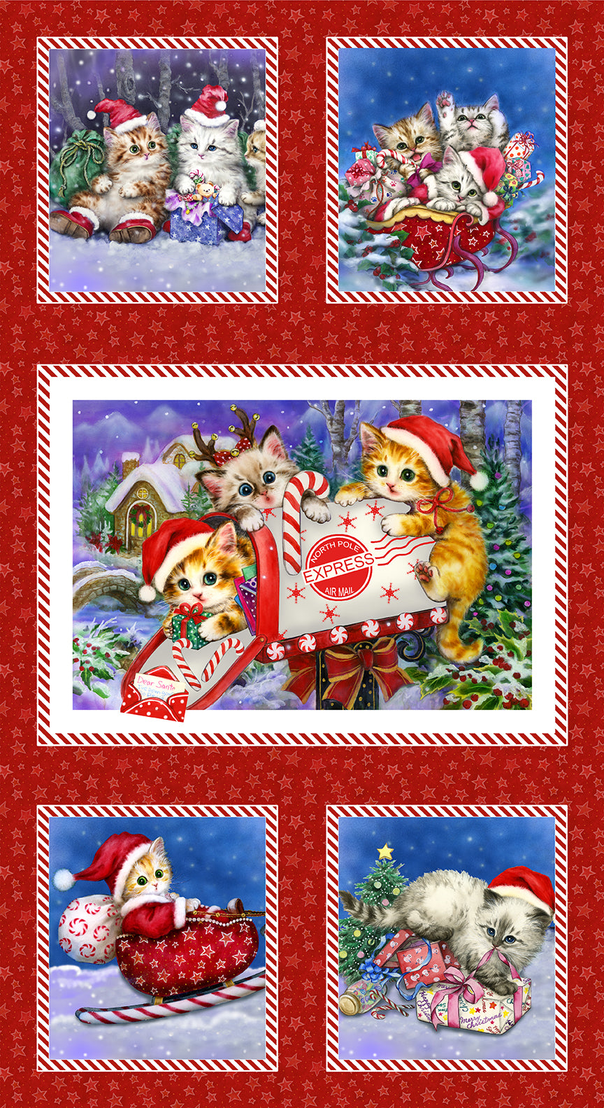 KITTEN CHRISTMAS Five Block Panel red 24"x43"