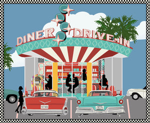 DINERS & DRIVE-INS 50's Drive-In Diner Panel light blue 36"x43"